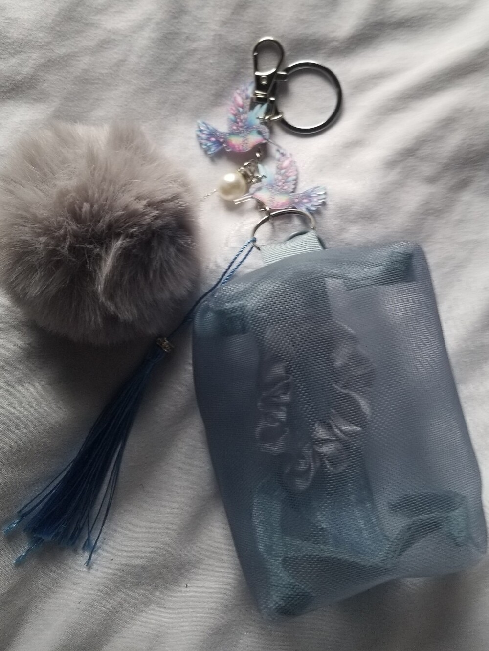 Blue Hummingbird Key & Card Holder with Gray Pom Pom and Tassel